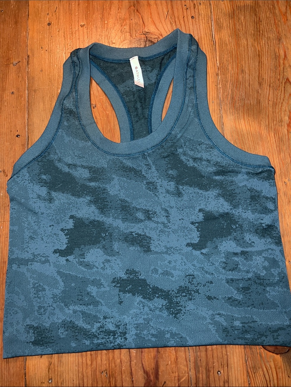 Athleta Teal Camo Seamless Cropped Tank Top Racerback Workout Sports Bra Sz S